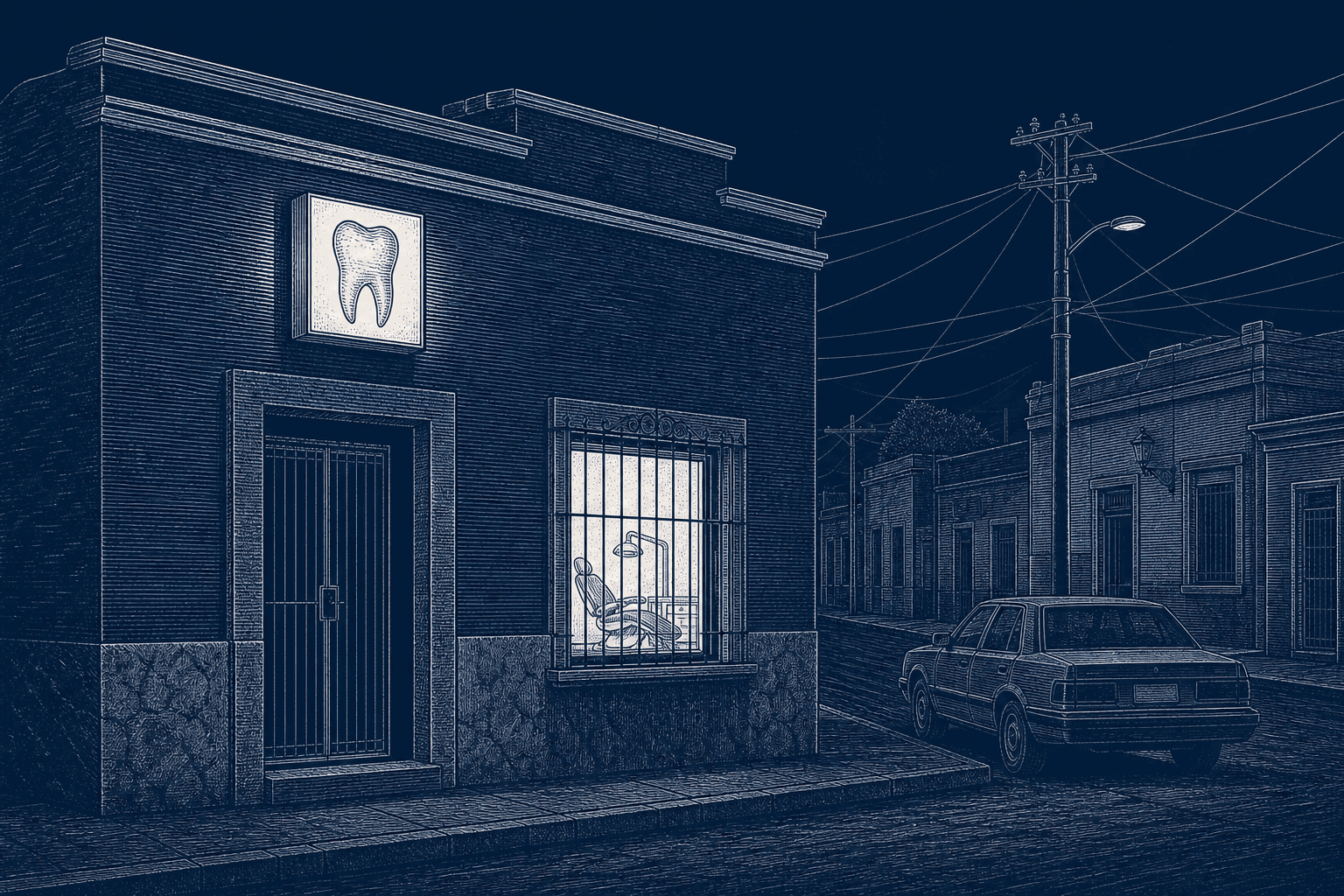 Ilustración de un consultorio dental cerrado en una calle mexicana a las once de la noche